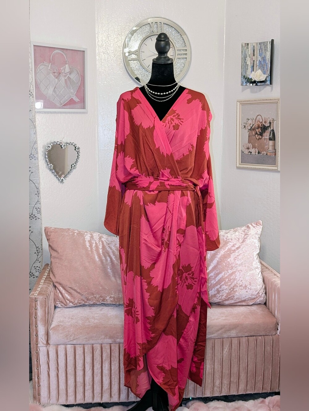 🌸 City Chic Kimberly Pink Rust Floral Faux Wrap Kimono Maxi Dress Plus Size NWT